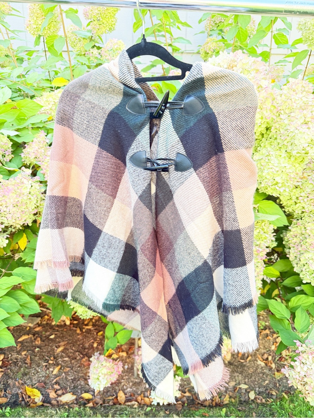 Sonoma Plaid Hooded Toggle Cape in Blush, Black and Cream